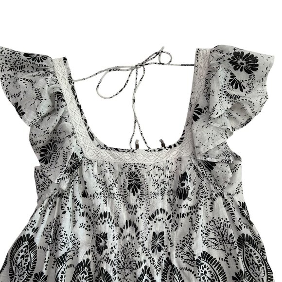 Maeve Flutter Sleeve Babydoll Cottagecore Mini Dress White Black M Boho Coastal - Picture 4 of 11